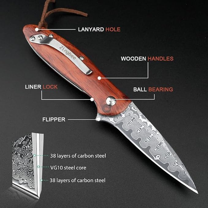 Damascus Pocket Knife with Sheath, 2.87" Damascus Steel Blade Knife with Wood Handle, EDC Folding
