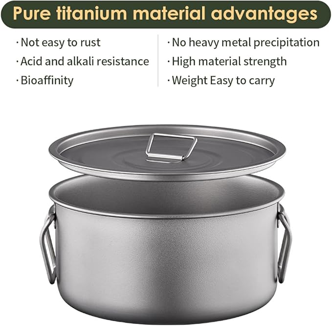 BY-J 3 Piece-Set, Outdoor Titanium Frying Pan & Pot with Lid Folding Handle Camping Hanging