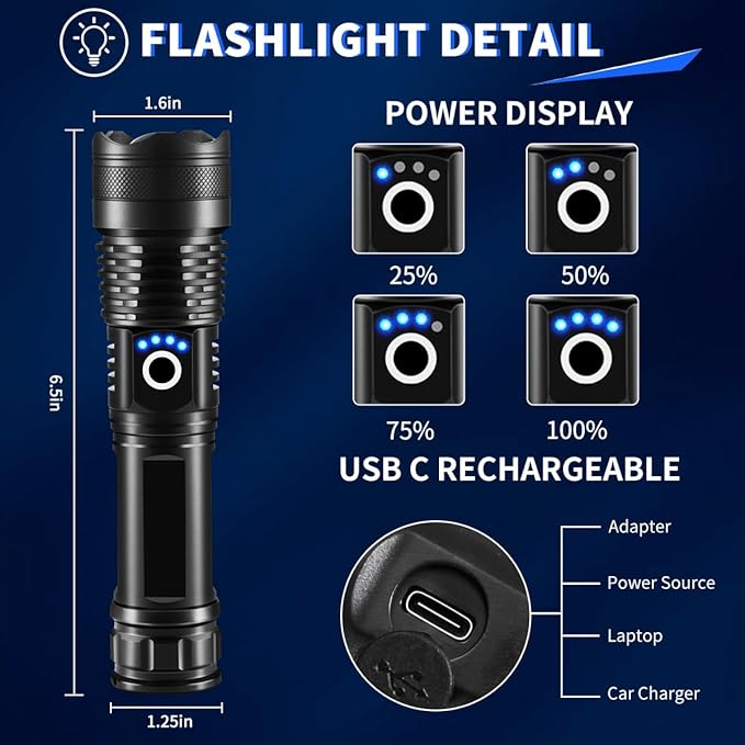 3Pack Rechargeable Flashlights High Lumens, Super Bright Flashlight, 5Modes LED Flashlight