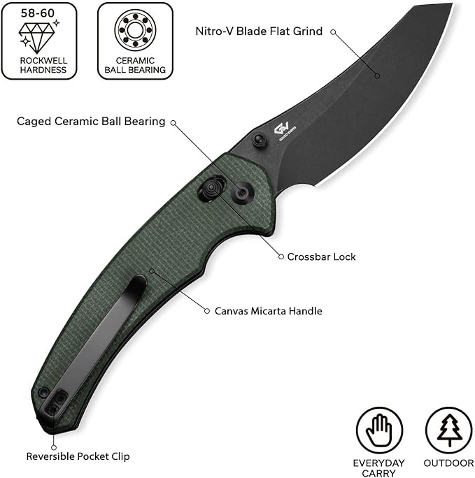 CIVIVI Sixgill Folding Pocket Knife for EDC, 3.41'' Nitro-V Blade Micarta Handle, Deep Carry