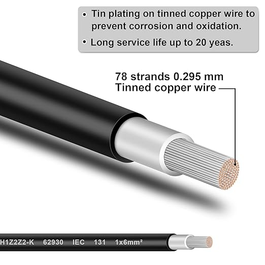 Solar Panel Wire - 200FT Black Tinned Copper Wire, 10AWG (6mm²) PV Wire Solar Extension Cable for