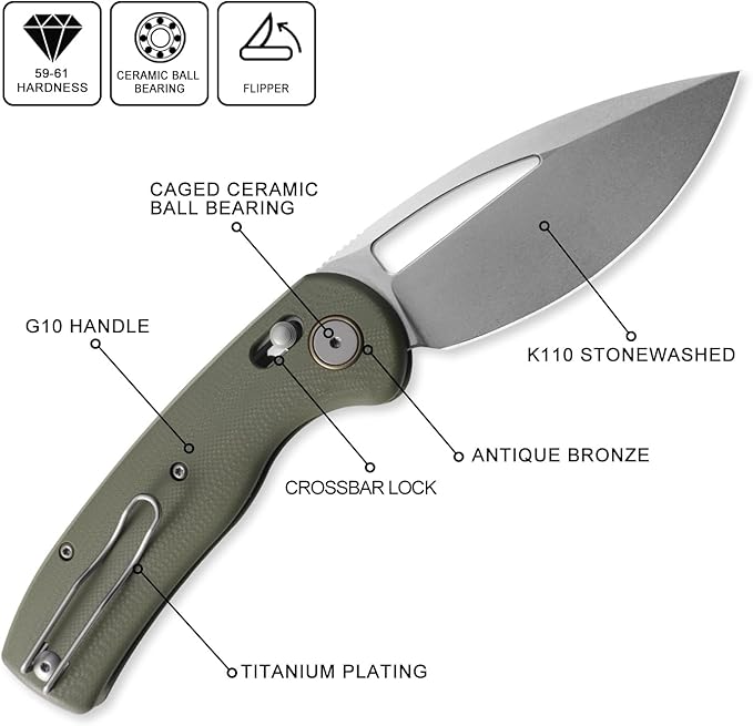 Petrified fish PFP13 Viper Folding Knife,3.5" K110 Steel Stonewashed Blade G10 Handle Pocket Knife