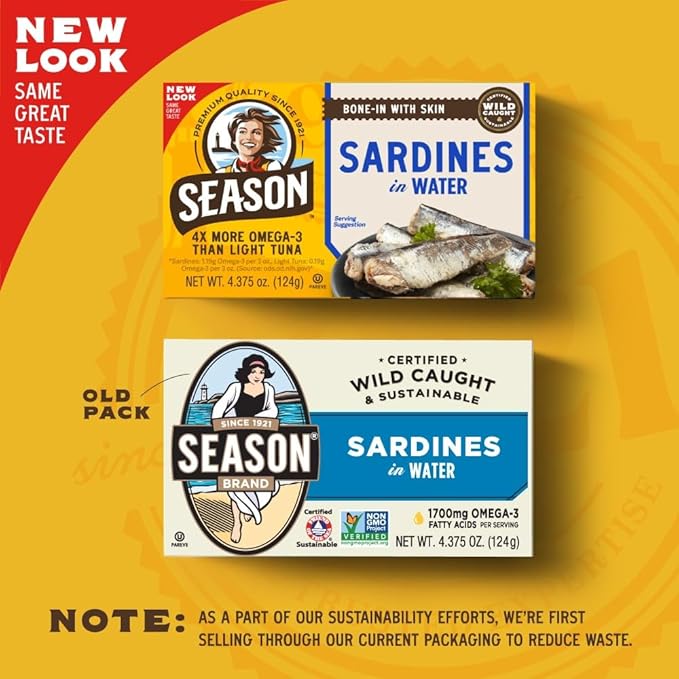 Season Sardines in Water - Wild Caught Fish, 22g of Protein, Keto Snacks, More Omega 3's Than Tuna