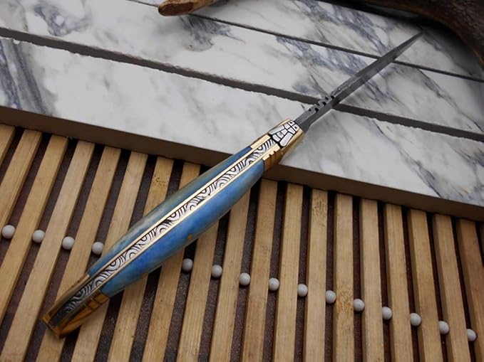 Laguiole Folding Damascus Steel Knife, 8.5" Long with 4" Hand Forged Twist patren Blade. Rose Wood