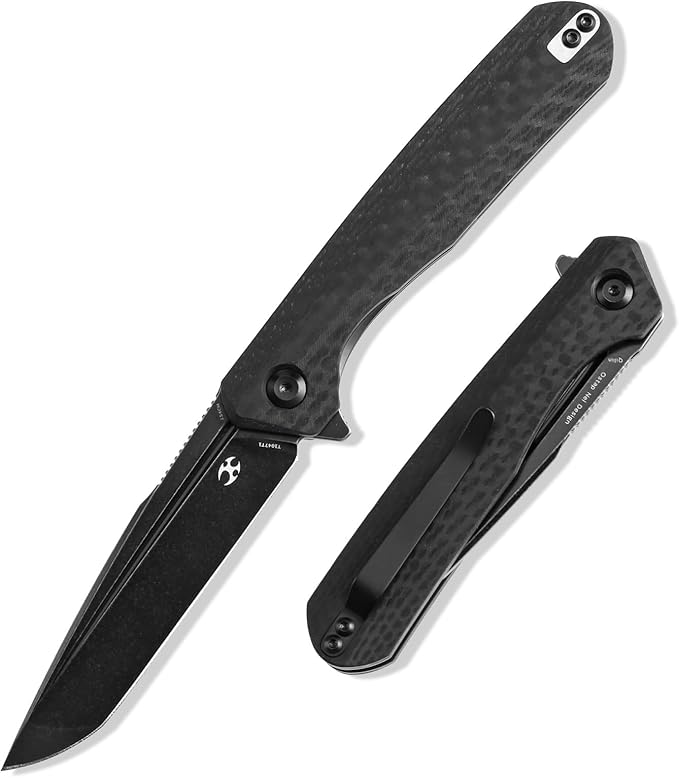 KANSEPT Qilin Pocket Knife,3.24'' Blackwash 154CM Sharp Tanto Blade, Black Carbon Fiber & G10