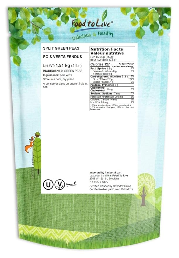 Food to Live - Green Split Peas, 4 Pounds - Dried, Vegan, Kosher, Bulk. Easy to Cook. Rich in