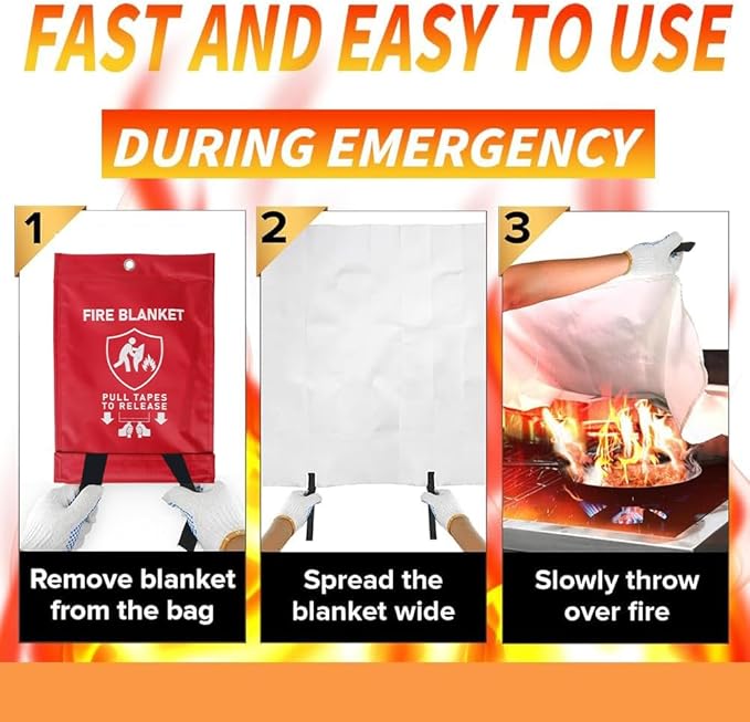 Emergency Fire Blanket for Home Kitchen 40"x40" 2 Pack with Gloves and Hooks Flame Suppression