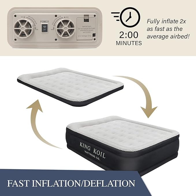King Koil Luxury Air Mattress Queen with Built in Pump, Integrated Premium Pillow Inflatable Airbed