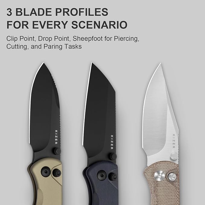 Kizer Drop Bear 2 Pocket Knife, 2.92" Nitro-V Drop Point Blade Folding Knife with Tan Aluminum