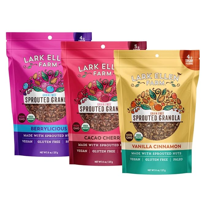 Lark Ellen Farm Vanilla Cinnamon, Cacao Cherry, Berrylicious Grain Free Granola Clusters, Crunchy