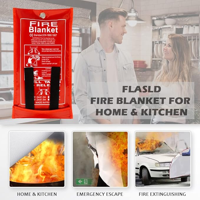 FLASLD Fire Blanket for Home, Fiberglass Fire Blankets Emergency for People, 2 Pack - Fire