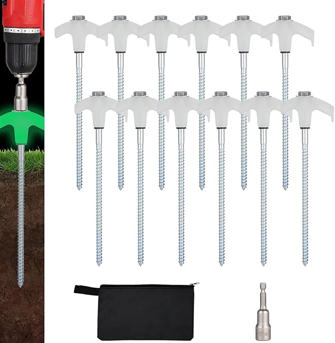 12 Pack Screw in Tent Stakes Heavy Duty,8 Inch Ground Anchors Screw in,Metal Stakes with Hex Head