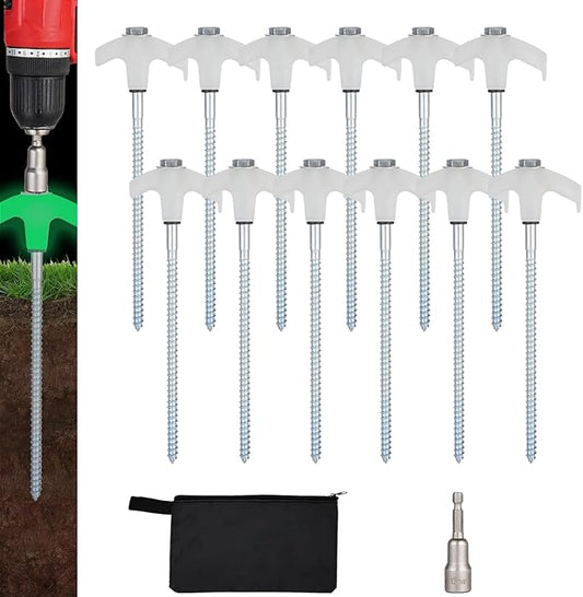 12 Pack Screw in Tent Stakes Heavy Duty,8 Inch Ground Anchors Screw in,Metal Stakes with Hex Head