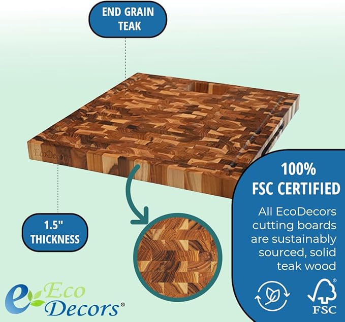 EcoDecors, Teak End Grain Cutting Board 17"x18", FSC Teakwood Butcher Block with Juice Groove