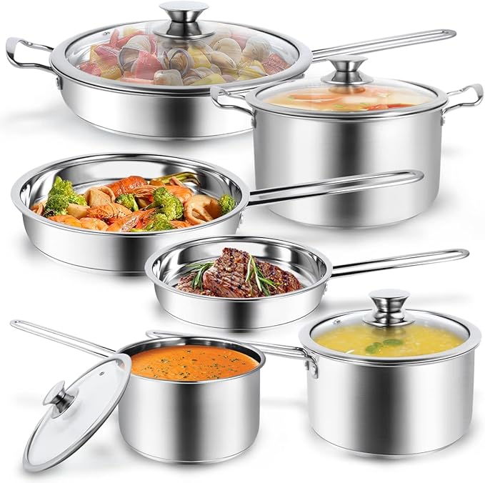 Aufranc 10-Piece Pots and Pans Set, Stainless Steel Cookware Set- Includes Ergonomic Handle