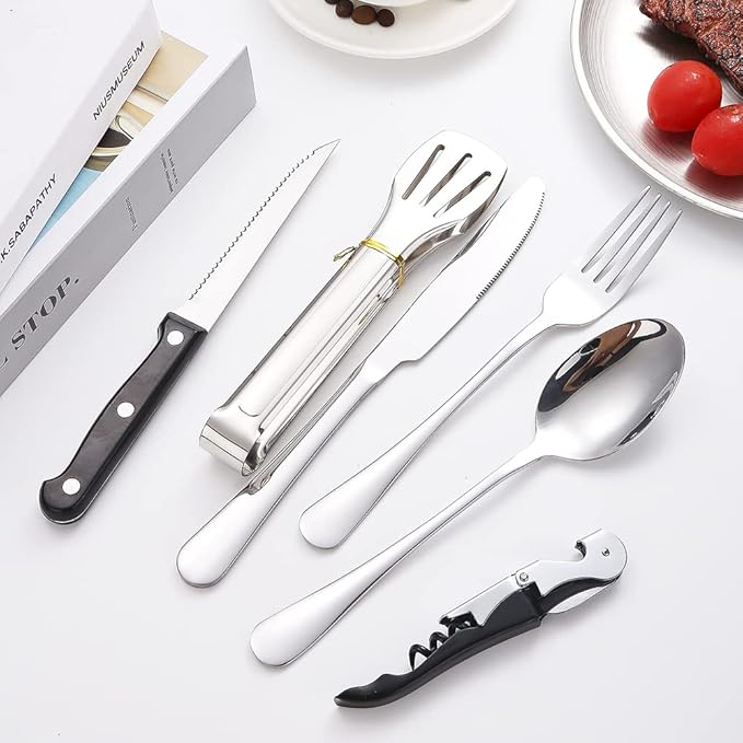 Camping Silverware Silver Picnic Plates and Utensils Set for 4 Portable Tableware Stainless Steel