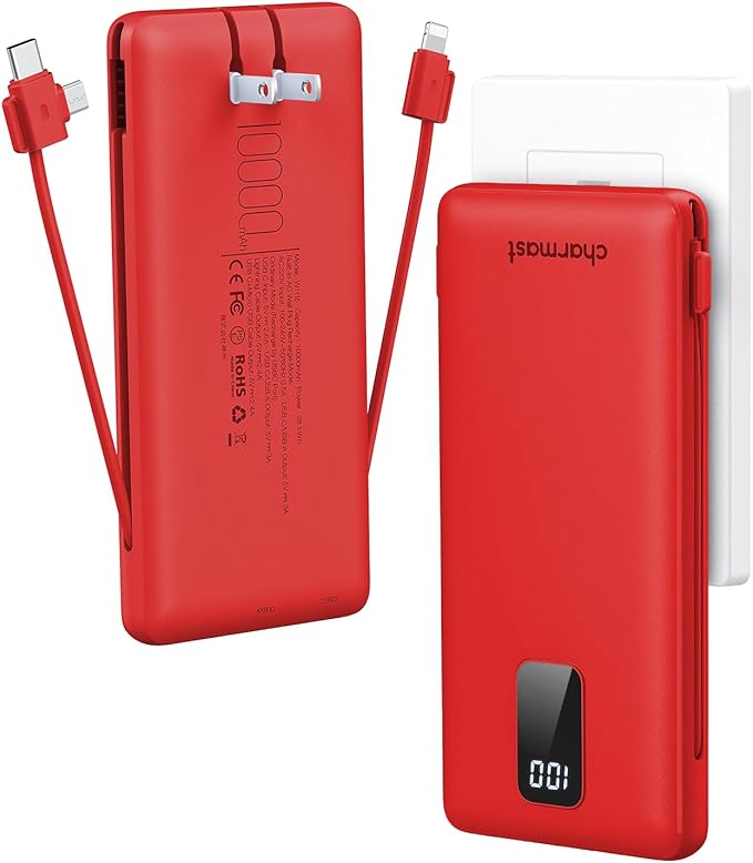 charmast Portable Charger with Built-in Cables and Plug, 10000mAh USB C Power Bank Fast Charging