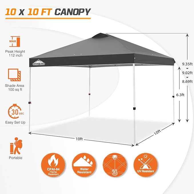 EAGLE PEAK Pop Up Canopy Tent with Wheeled Carry Bag, 8 Stakes, 4 Ropes, 4 Weight Bags, Easy Set Up