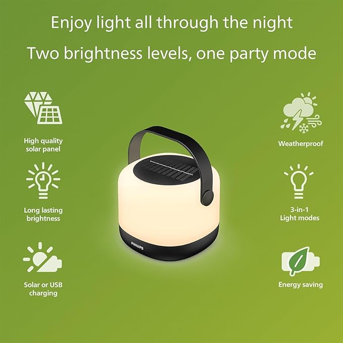 PHILIPS LED Solar Portable Light, 3-in-1 Light Setting 1-Pack Bright White (3000K), Color Changing