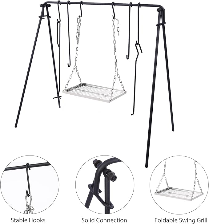 REDCAMP Swing Campfire Grill Stand - Collapsible Campfire Cooking Rack with 6 Hooks & Stainless