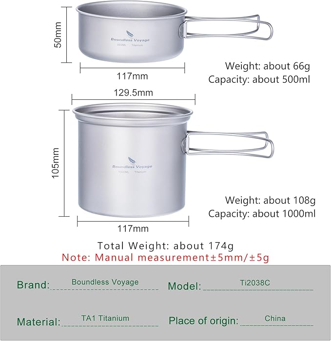 iBasingo Backpacking Cookset Titanium Camping Pots Set Ultralight Outdoor Picnic Pots Pans with