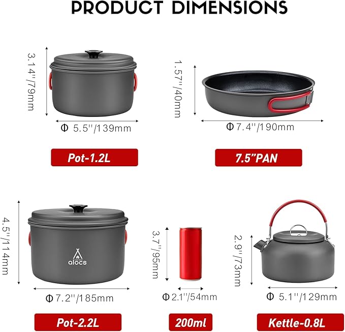 Alocs Camping Cookware Set Camping Gear, Compact Camping Pots and Pans Set, Durable Hard Alumina