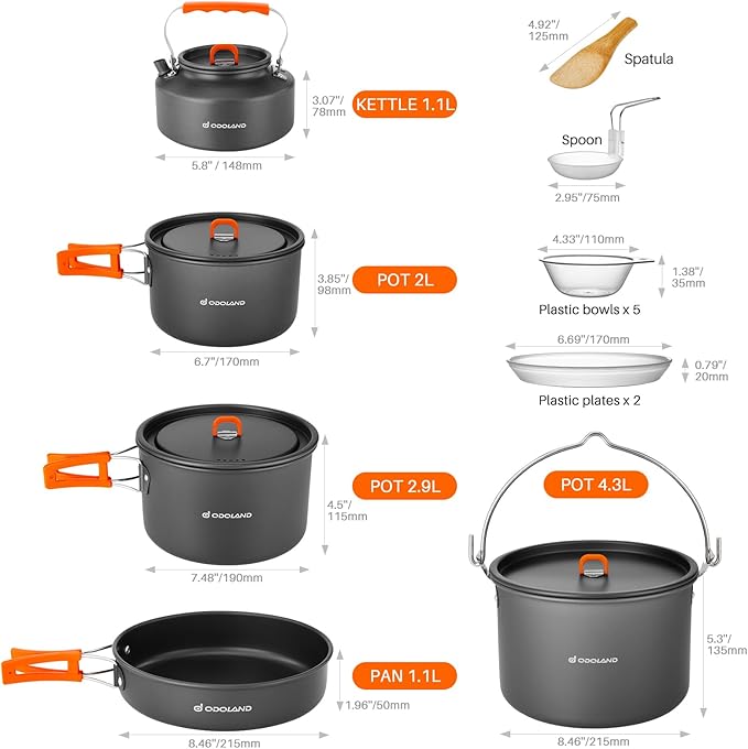 Odoland 18pcs Camping Cookware Large Size Hanging Pot Pan Kettle Set with Plastic Plates Bowls Soup