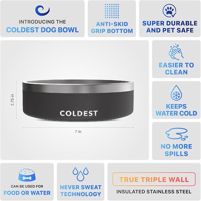 Coldest Dog Bowl - Anti Rust Metal, Non Slip, 3 Layers Insulated Stainless Steel Dog Bowls - Spill