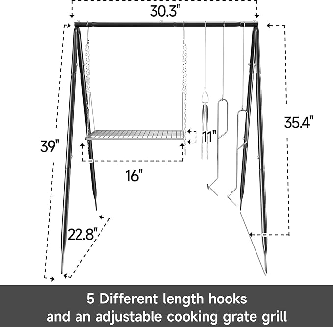 Grill Swing Campfire Cooking Stand with Stainless Steel Grill Grate for Cookware & Dutch Oven