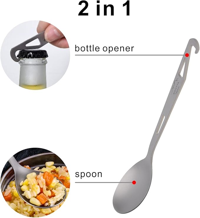 SANTTA Titanium Camping Spoon Set of 2 Piece, Spoon and Bottle Opener 2-in-1 Design, Lightweight Ti