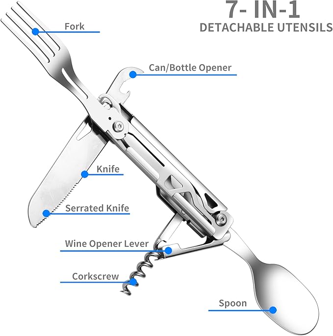 Camping Utensils, 6-In-1 Detachable Stainless Steel Camping Flatware Multi-tool kits with Spoon
