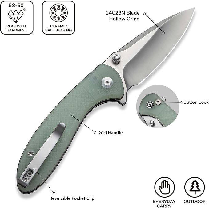 CIVIVI Faeger Pocket Folding Knife for EDC, 2.98" Swedish 14C28N Blade G10 Handle, Reversible Clip