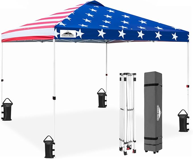 EAGLE PEAK Pop Up Canopy Tent with Wheeled Carry Bag, 8 Stakes, 4 Ropes, 4 Weight Bags, Easy Set Up