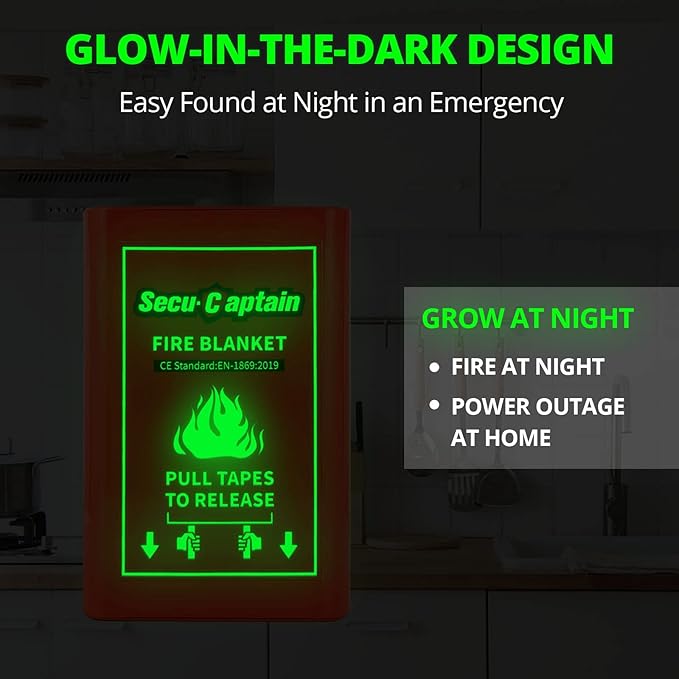 SecuCaptain Emergency Fire Blanket with Glow-in-The-Dark Case - 40"x40" Fiberglass Fire Suppression