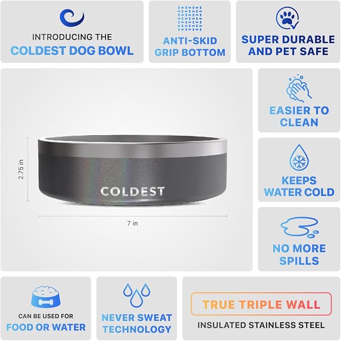 Coldest Dog Bowl - Anti Rust Metal, Non Slip, 3 Layers Insulated Stainless Steel Dog Bowls - Spill