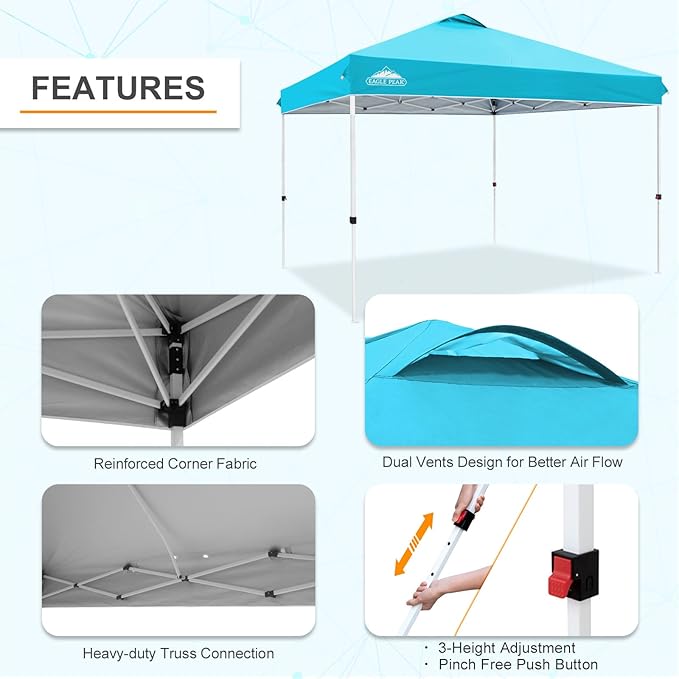 EAGLE PEAK Pop Up Canopy Tent with Wheeled Carry Bag, 8 Stakes, 4 Ropes, 4 Weight Bags, Easy Set Up
