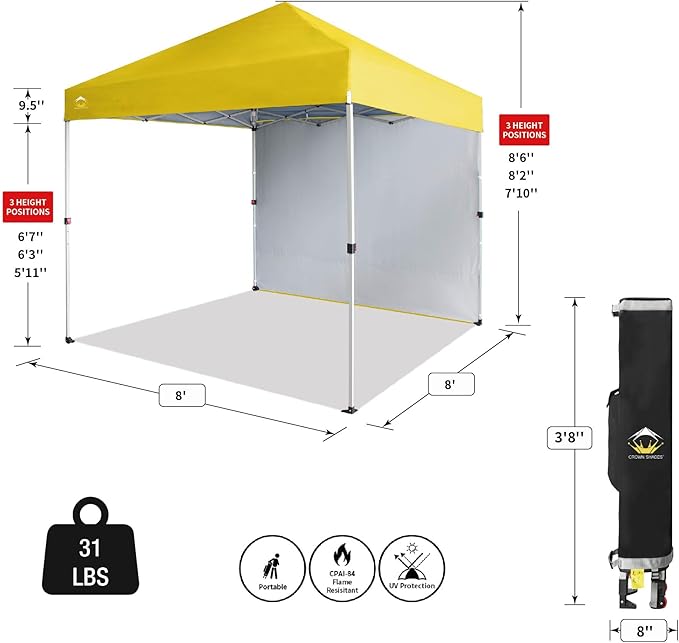 CROWN SHADES 8x8 Pop Up Canopy with 1 Side Wall - Beach Tent with One Push Setup - Outdoor Sun