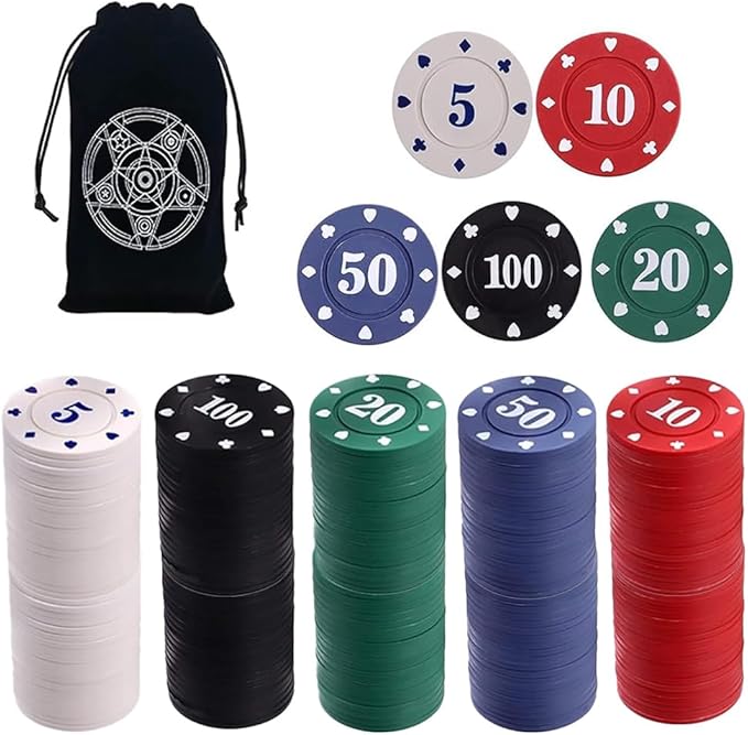 200Pcs Poker Chips, Poker Chips Set with Denominations for Card Board Game, Plastic Game Chips with