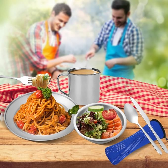 Stainless Steel Camping Cutlery Set - 8 Piece, Includes Spoons, Mugs, Bowls, Plates, Rags &