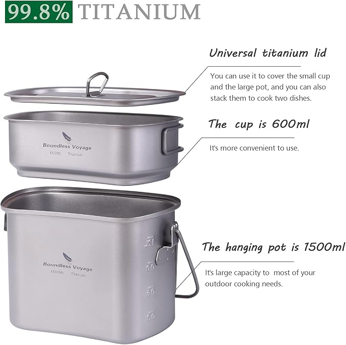 Boundless Voyage Titanium Mess Kit Hanging Pot Cup with Lid Folding Handles Outdoor Camping Cooking