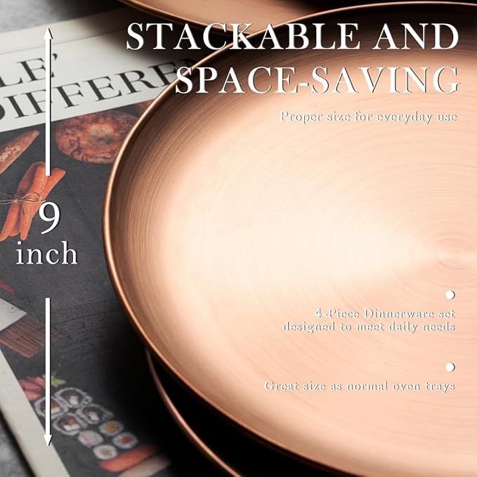 Stainless Steel Plates Metal 18/8 Round Dinner Plates - Set of 4 - Food-Grade Dishwasher Safe 9inch
