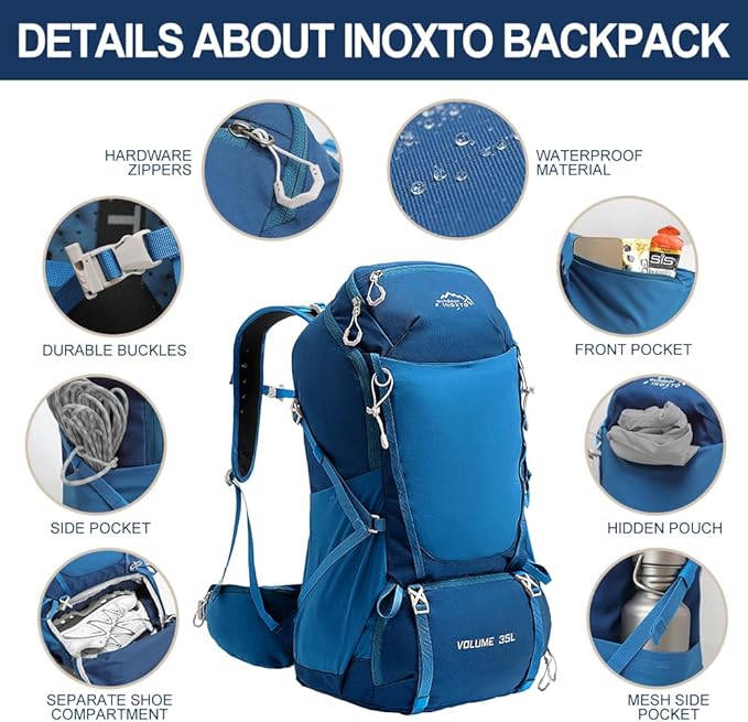 INOXTO 35L Hiking Backpack with 3Lwater bladder, Camping Backpack with Waterproof Rain Cover for