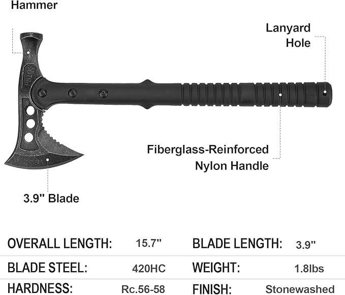 Camping Axe, Survival Chopping Hatchet with Sheath, Tactical Tomahawk with Hammer, Nylon Fiber