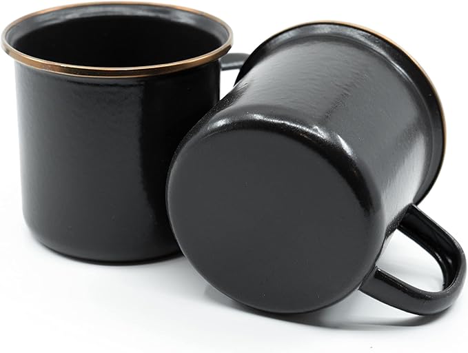 Barebones Enamel Cup Set- Enamel Coffee Mugs Set of 2 16-oz - Stainless Steel Rim Camping Mug for