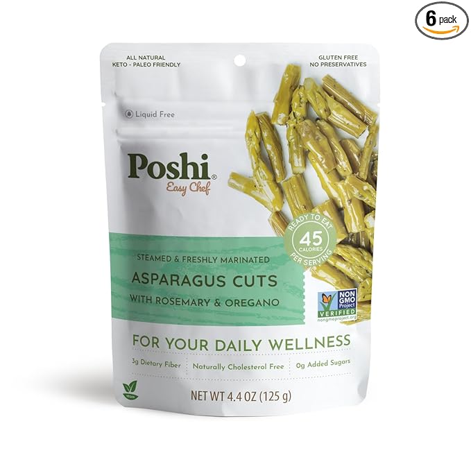 POSHI Marinated Asparagus Cuts with Rosemary + Oregano Natural, Keto, Vegan, Non GMO, Low Carb +