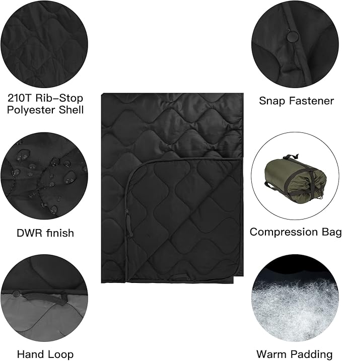 Military Poncho Liner 55”x 79” Camping Blanket Insulation Compact Waterproof for Travel Stadium