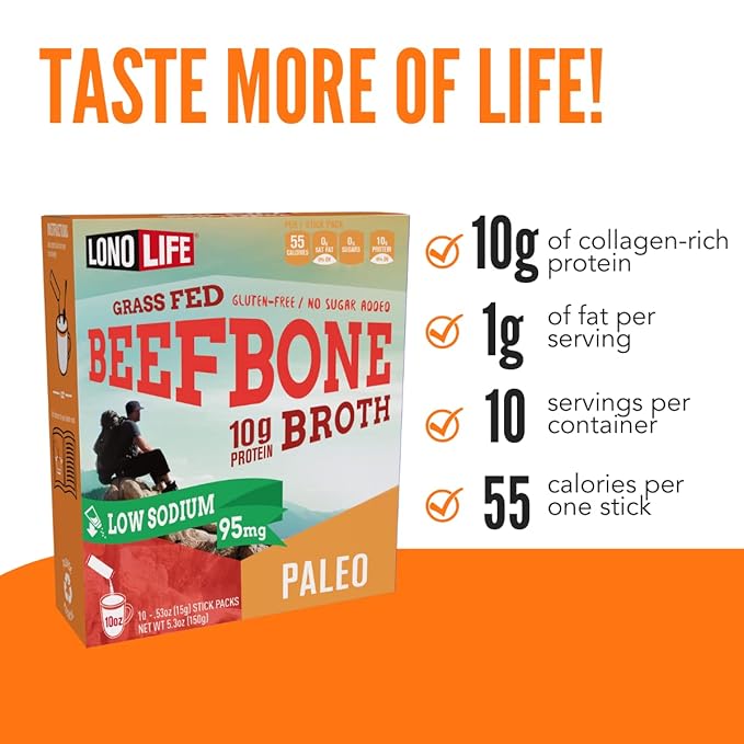 LonoLife Low Sodium Beef Bone Broth Powder Mix | Grass-Fed, 10g Protein | Collagen-Rich, Keto &