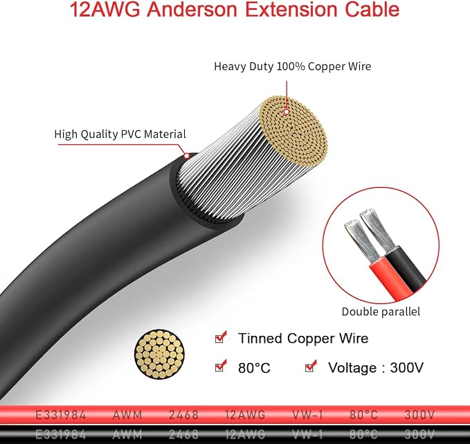 12AWG 20FT Anderson Extension Cable 2 6 10 20 35 50FT Solar Extension Cable Anderson Connector for