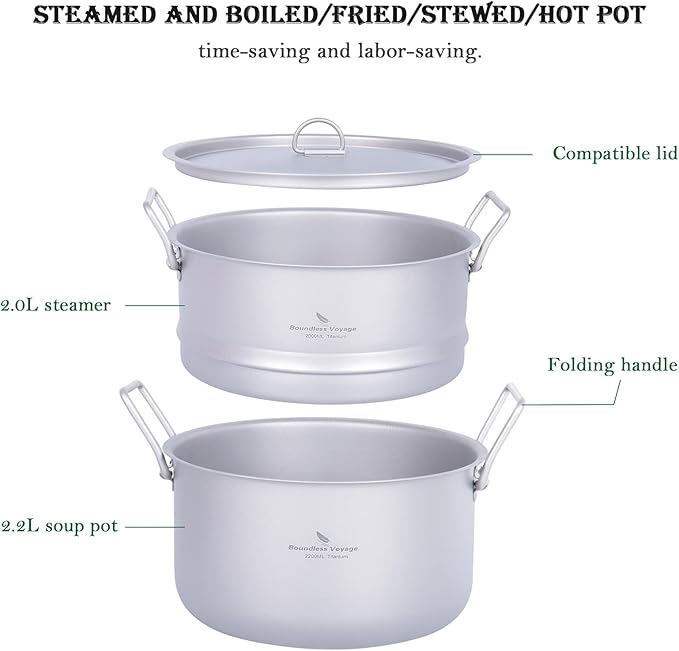 iBasnigo 2.2L Titanium Pot with Steamer Lightweight Portable Cookware Set for Camping Hiking