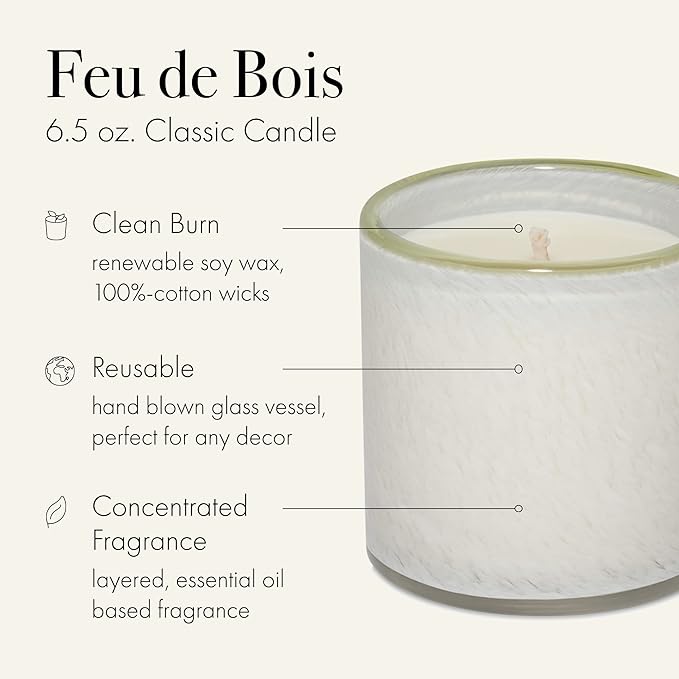 LAFCO New York Classic Candle, Feu de Bois - 6.5 oz - 50-Hour Burn Time - Reusable, Hand Blown